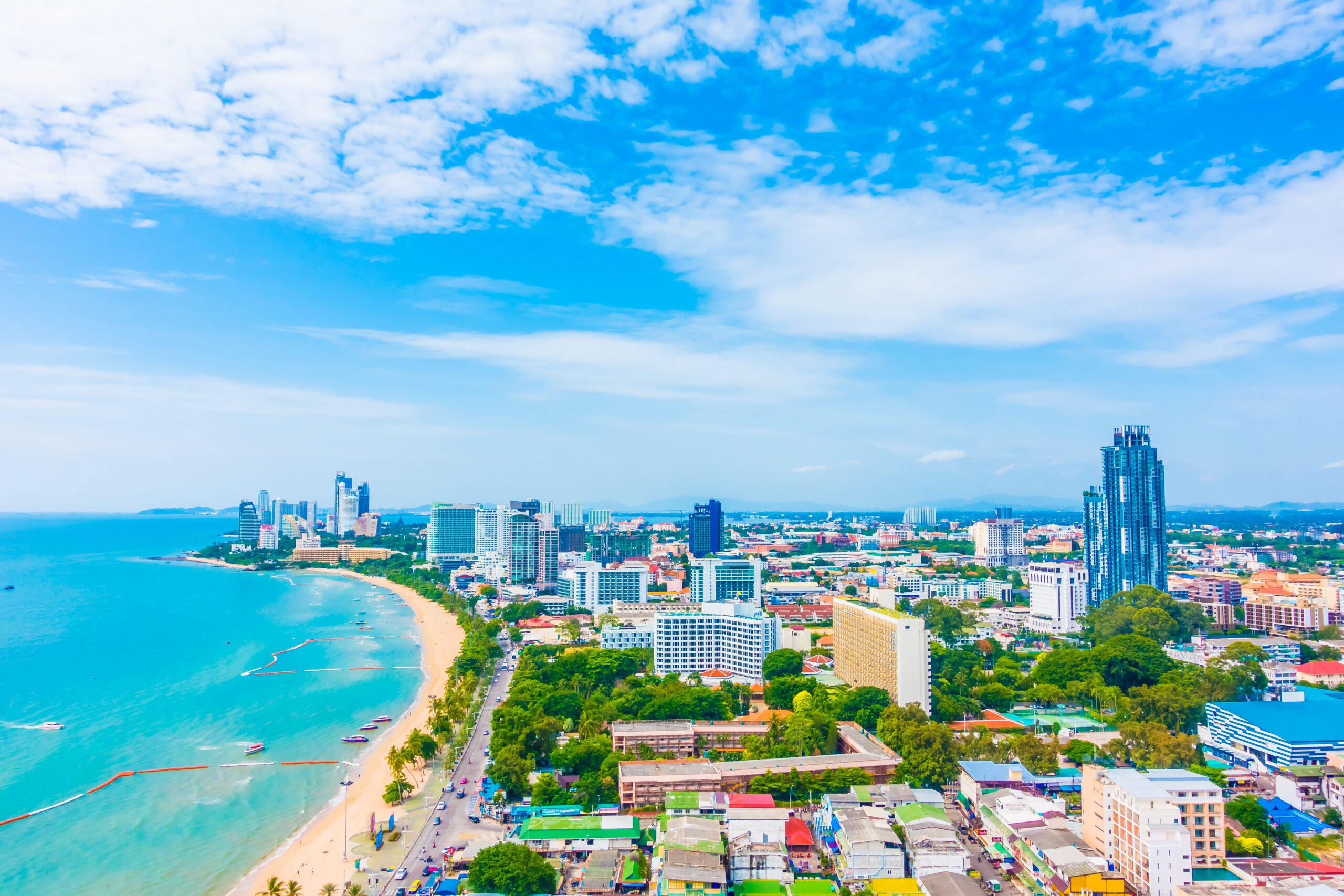 Beautiful architecture around Pattaya city skyline with Sea and Ocean bay in Thailand - Boost up color Processing